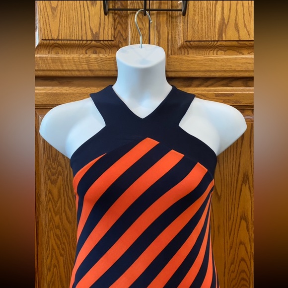 Lauren by Ralph Lauren Navy Blue & Orange Striped Midi Dress, Size Large - Picture 3 of 8
